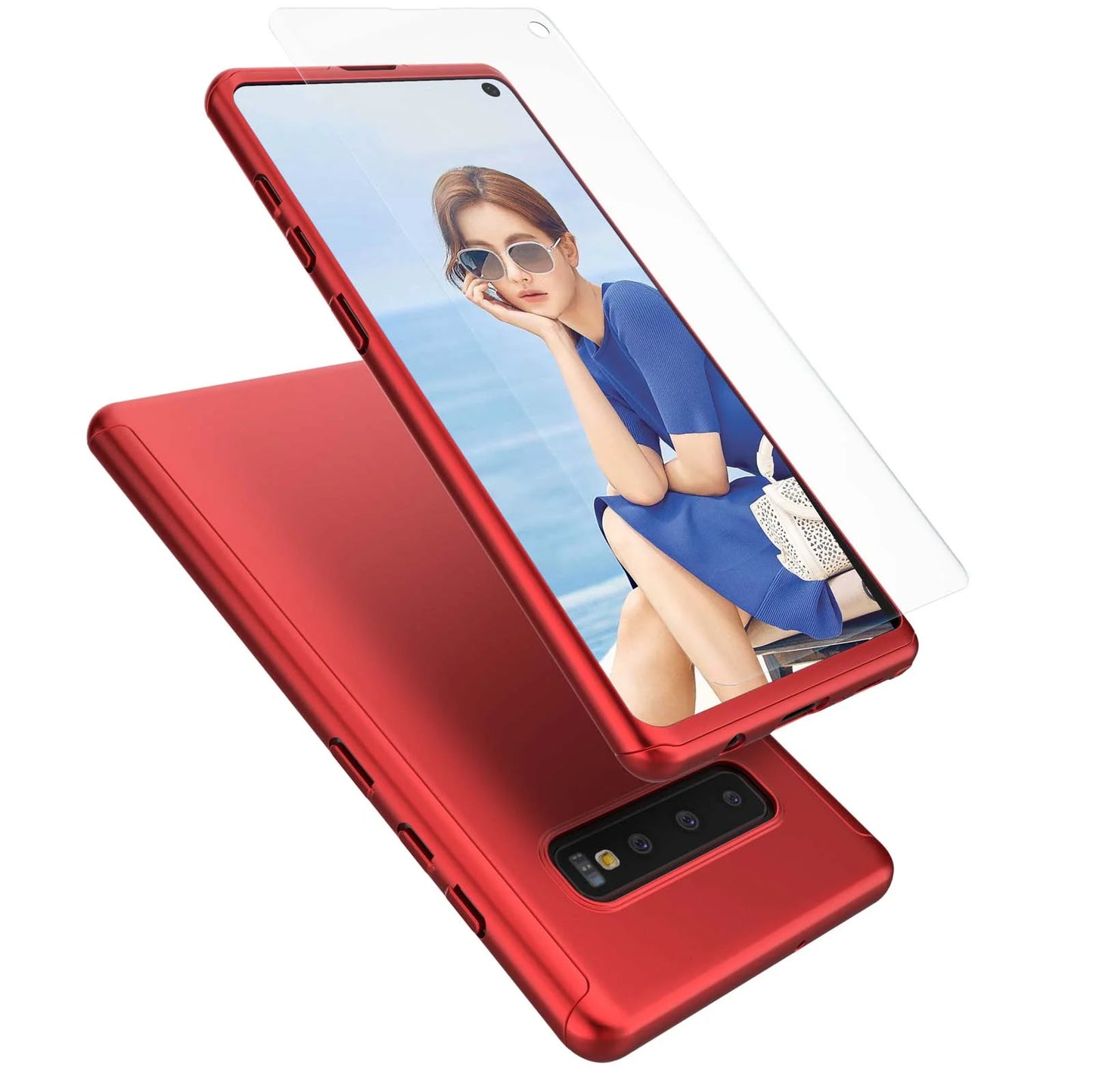 Samsung Galaxy S10 Case, Case for Galaxy S10, Galaxy S10 Screen Protector, Thin Premium Dual Layer Hard Case for Galaxy S10 with Tempered Glass Screen Protector for Galalxy S10 6.1"-Red